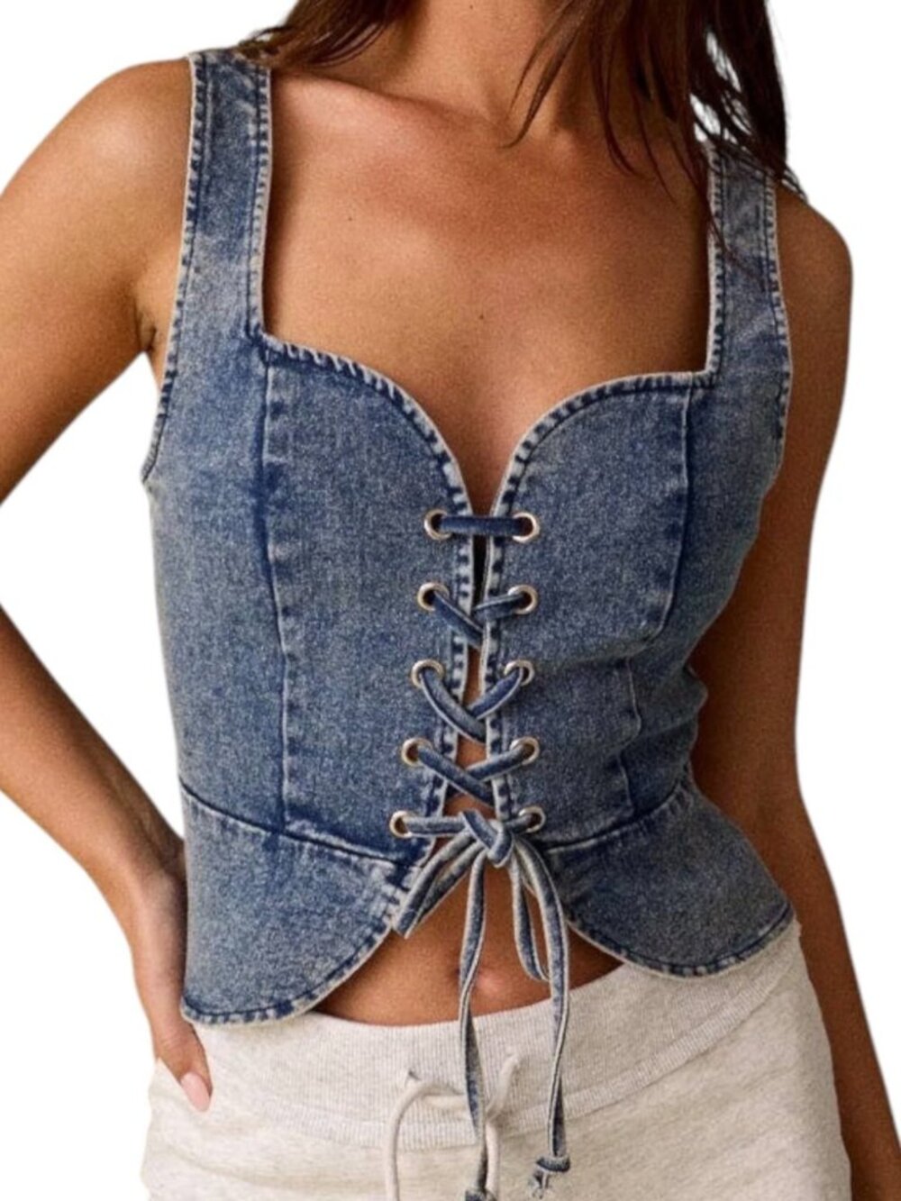 Denim Lace Up Corset Tank Top Blue Jean Sweetheart Crop Top Stretch NWT